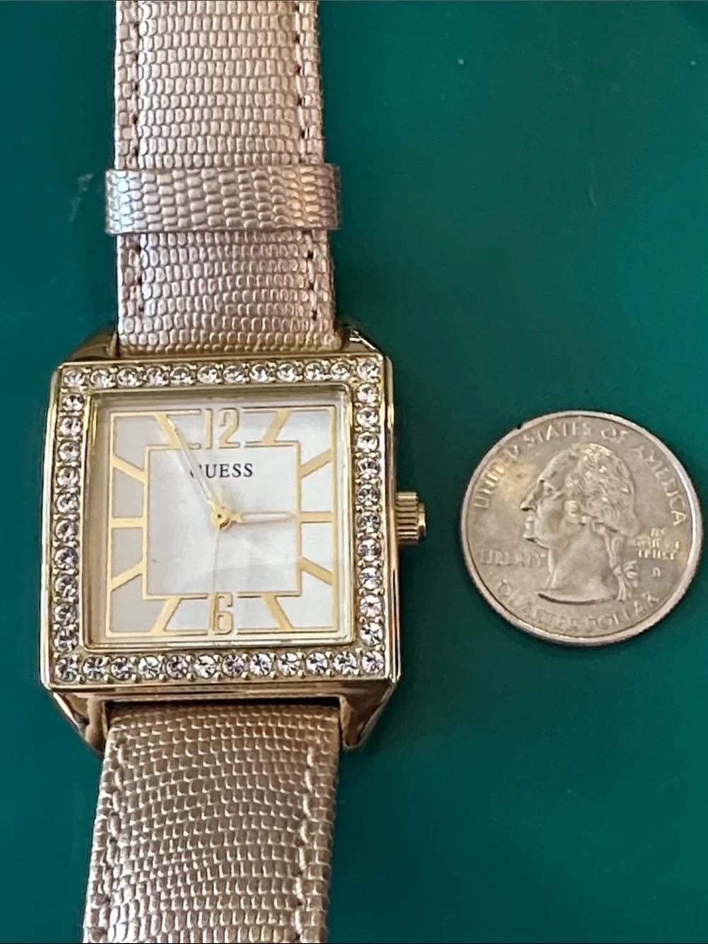 Guess Gold-Tone Square Crystal Watch with Gold leather strap